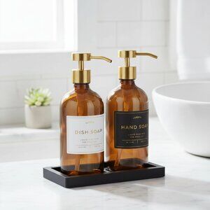 Glass Soap Dispenser Set of 2 (Amber) with Silicone Tray | Hand and Dish Soap